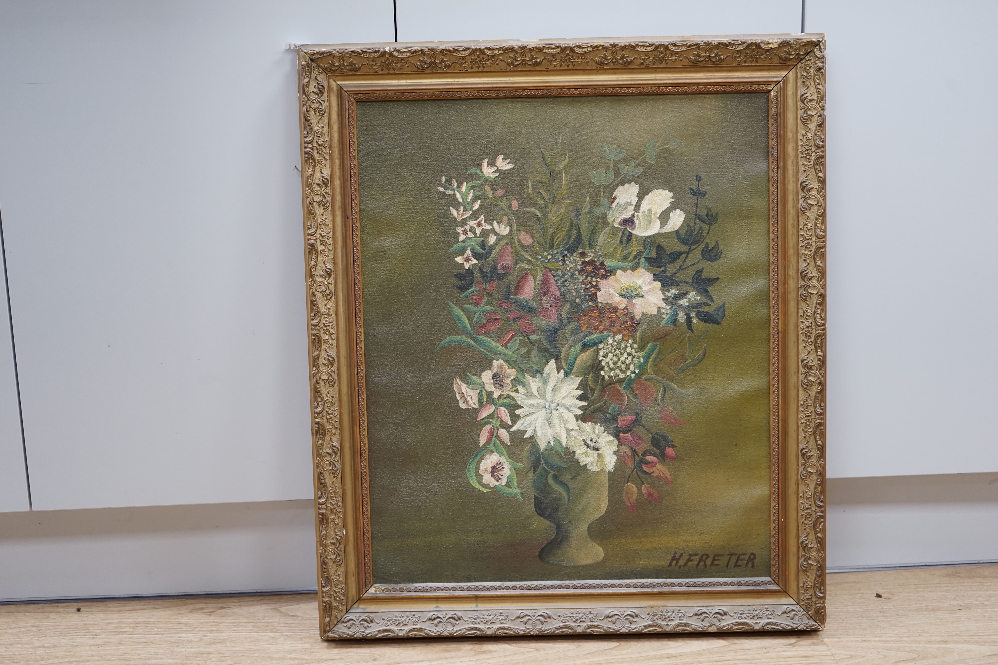 H. Freter, oil on canvas, Still life of flowers in a vase, signed, 60 x 50cm